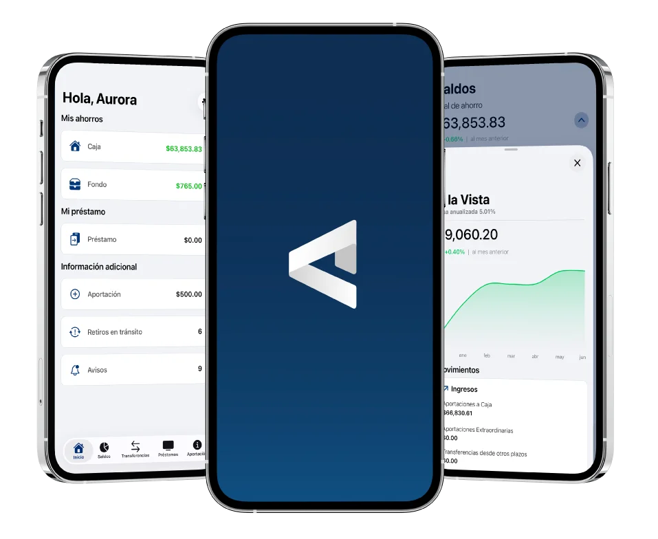 App de Adinstra en tres vistas: saldos, inicio e inversiones